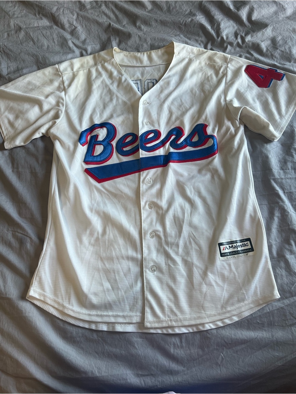 Majestic White 'Beers' Basketball Jersey with Blue & Red Script